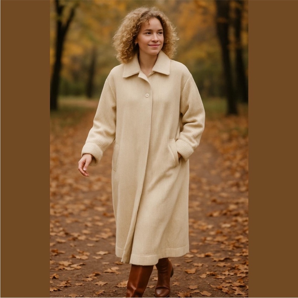 Newport News Ivory Thick Wide Corduroy Long Trench Coat Duster Cabin Classic VTG